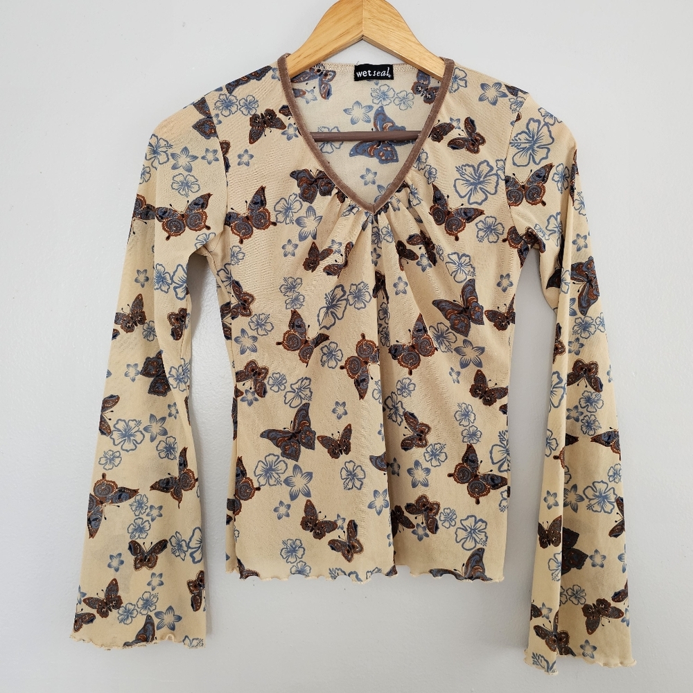 Y2K Wetseal sheer mesh V neck bell sleeve blouse butterfly floral brown USA made